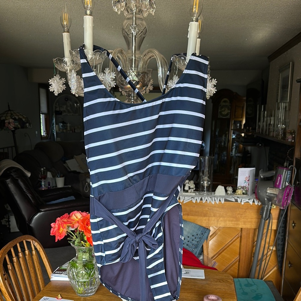 Fat Face Navy and White Striped One Piece Swimsuit